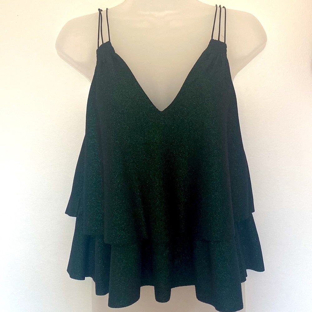Zara Emerald Green Sparkly Tank Blouse with Bottom Ruffle.